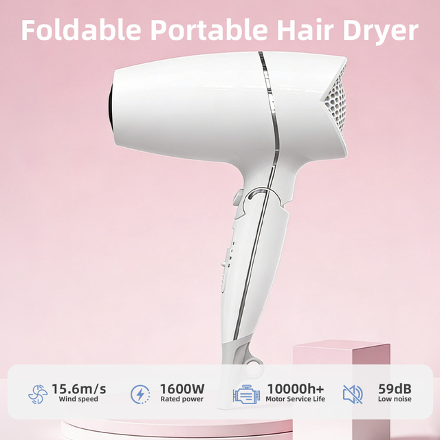 Secador de pelo plegable compacto C181 con potencia de 1600 W, flujo de aire de 15,6 m/s, bajo nivel de ruido de 59 dB y dise&ntilde;o port&aacute;til plegable