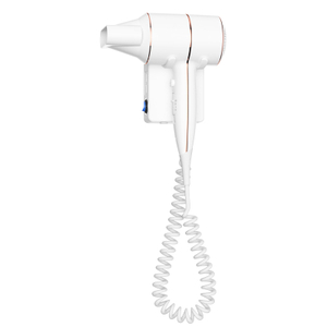 Asciugacapelli a ioni negativi da parete SG-01C con alloggiamento in ABS bianco, unit&agrave; base e cavo a spirale per i bagni degli hotel.